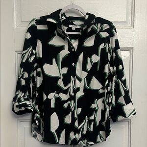 Chico's Black and White Button Down Shirt with Green Accents